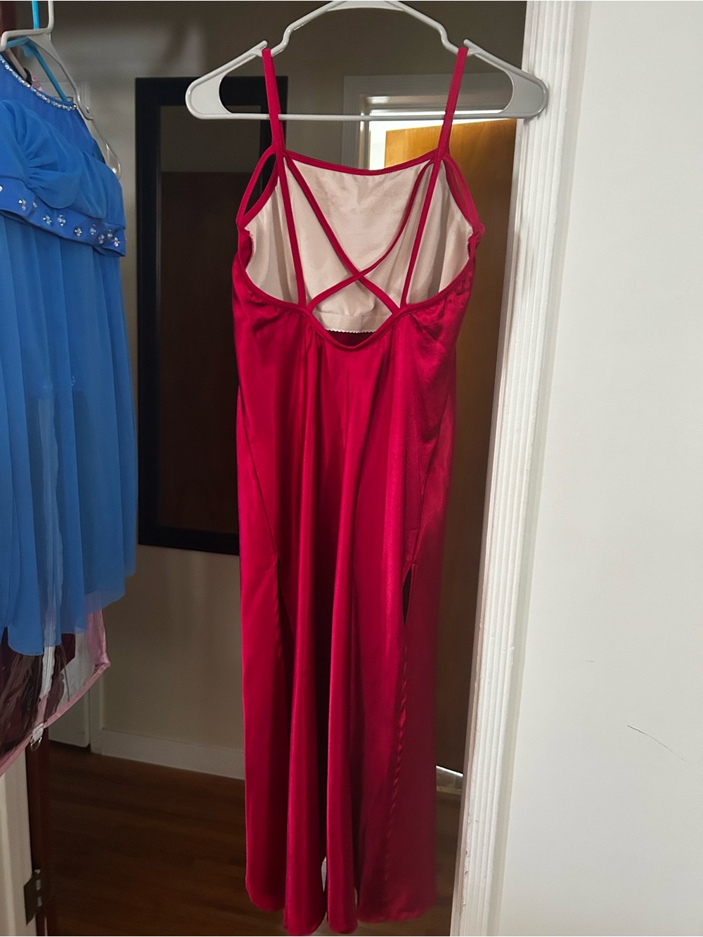 Weissman Red Slip Dress with side slits and Criss cross back. AS - Picture 4 of 7